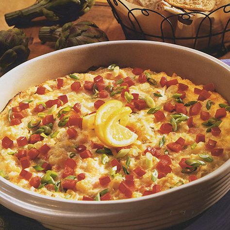 Hot Artichoke Crabmeat Dip - The Pampered Chef® Chef Appetizers, Crabmeat Dip, Top Appetizers, Recipes Dips, Crab And Artichoke Dip, Hot Dips, Baked Pita Chips, Rice Crackers, Pampered Chef Recipes