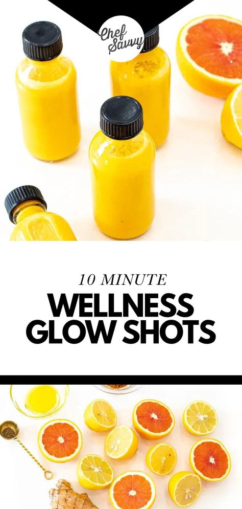 Save this Quick & Easy Homemade Wellness Glow Shots Recipe!  Wellness Glow Shots are a quick and convenient way to give your body a quick nutrient boost! These concentrated shots are packed with vitamins, minerals, and antioxidants, designed to support your immune system and boost energy levels! Follow Chef Savvy for more Healthy Smoothies & Juices! Wellness Shots Recipe Gut Health, Energy Shots Recipe, Homemade Wellness Juice Shots, Homemade Dose Liver Shots, Homemade Health Shots, Health Shots Recipe For Skin, Energy Shot Recipe, Healthy Juice Shots Recipes, Detox Shots Recipes