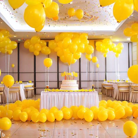 Birthday decorations by balloons yellow balloon hall decorations Yellow Birthday Parties, Hall Decorations, Yellow Party, Yellow Birthday, Yellow Balloons, Parents Anniversary, Charcuterie Inspiration, Hall Decor, Grad Party