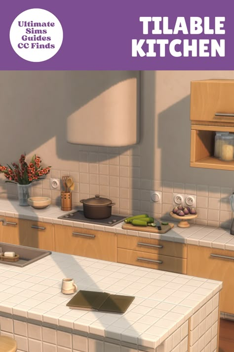 The Tilable Kitchen set is an interesting one because the counters are covered in tile which makes a unique look for your sims. #TheSims4 Sims 4 Kitchen Layout Ideas, Sims 4kitchen Cc, Sims4 Kitchen Counters, Counter Cc Sims 4, Backsplash Sims 4 Cc, Sims 4 Kitchen Cc Maxis Match, Maxis Match Kitchen, Sims 4 Cc Counters Kitchen, Sims 4 Backsplash Cc