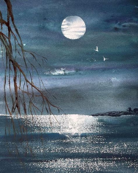 Moonlight Beach, Beach Drawing, Abstract Watercolor Landscape, Watercolor Sky, Moonlit Night, Beach Watercolor, Watercolor Landscape Paintings, Watercolor Art Lessons, Beach Painting