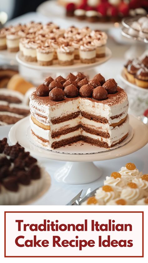 A variety of beautifully presented Italian cakes, including classic tiramisu and rich ricotta cakes, displayed on a rustic wooden table. Italian Torte, Italian Birthday Cake Ideas, Italian Cakes, Italian Cake Recipes, Italian Wedding Cake, Italian Rum Cake, Italian Sponge Cake, Authentic Italian Desserts, Italian Desserts Traditional