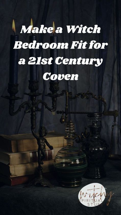 If you love a good witchy vibe, here's how to create a witch bedroom fit for a 2st century Coven. #witchcraft #pagan #wicca #witch Witchy Master Bedrooms Decor, Romantic Witchy Bedroom, Witchy Boho Bedroom Aesthetic, Small Witchy Bedroom Ideas, Goth Witch Bedroom, Witchy Halloween Aesthetic Decor, Moody Witchy Bedroom, Glam Witch Aesthetic, Boho Witchy Bedroom Ideas