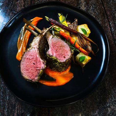 Mint Crusted Lamb Rack with Curried Carrot Purée | Anova Precision™ Oven Recipes Crusted Lamb Rack, Lamb Racks, Lamb Rack Recipe, Sous Vide Lamb, Glazed Baby Carrots, Lamb Rack, Zaatar Spice, Vegetable Rack, Roasted Lamb