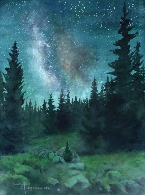 Watercolor Milky Way, Milky Way Galaxy Painting, Watercolour Polaroid, Milky Way Painting, Surroundings Art, Celestial Painting, Night Sky Watercolor, Watercolor Night Sky, Art Thoughts