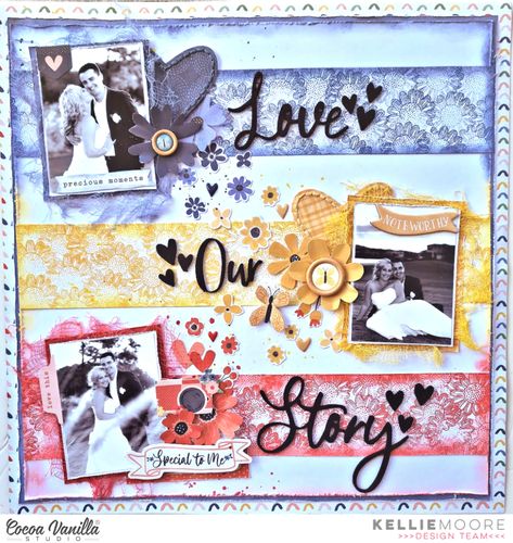 Love Our Story | Storyteller | Kellie Moore – Cocoa Vanilla Studio Wedding Layouts, Bridal Shower Scrapbook, Wedding Scrapbook Pages, Wedding Scrapbooking Layouts, Beautiful Scrapbook Layouts, Scrapbooking Wedding, Gold Geometric Pattern, Romantic Outdoor Wedding, Edible Crafts