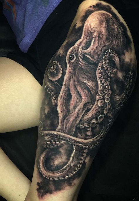 Octopus leg tattoo by @jeremiahbarba Octopus Couples Tattoo, Octopus Leg Tattoo, Octopus Tattoo Sleeve, Kraken Tattoo, Squid Tattoo, Astronaut Tattoo, Octopus Tattoo Design, Octopus Tattoos, Lion Head Tattoos