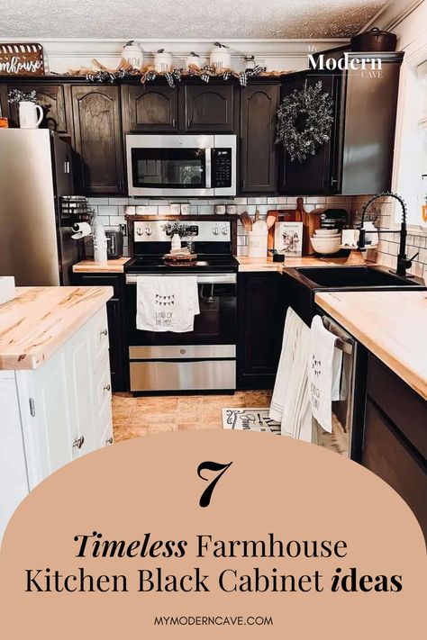 Looking to add a touch of modern elegance to your farmhouse kitchen? Check out these 7 ideas on how you can incorporate black cabinets into your space. From sleek matte finishes to classic shaker styles, there's something for every farmhouse aesthetic. Whether you're going for a bold look or a subtle contrast, these ideas will inspire you to revamp your kitchen with a contemporary twist. Black Cabinet Farmhouse Kitchen, Farmhouse Kitchen Cupboard Ideas, Bold Farmhouse Kitchen, Modern Farmhouse Kitchen With Black Cabinets, Kitchen Decor Black Cabinets, Black Farmhouse Kitchen Cabinets, Kitchen Paint Colors With Black Cabinets, Farmhouse Black Kitchen Cabinets, Kitchen Black Cabinets White Counter