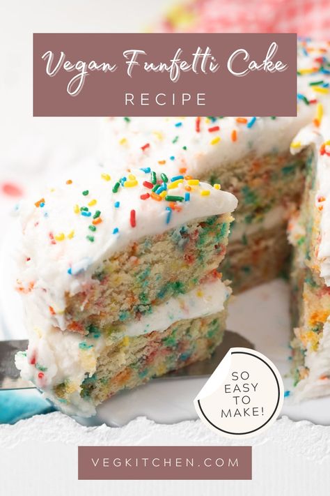 This homemade vegan funfetti cake is fluffy, moist, and bursting with colorful sprinkles! And topped with a delicious funfetti frosting too.