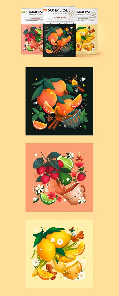 Elegant Logos, Tea Illustration, Tea Packaging Design, الفن الرقمي, Logos Ideas, Tea Design, Food Graphic Design, Fruit Illustration, Grafic Design