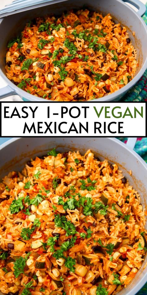 This 1-pot vegan Mexican rice is the quick and easy vegan dinner recipe you have been looking for!  Packed with beans, corn, veggies, and salsa cooked into simple rice pilaf.  Serve it as a rice bowl or use it as a burrito filling, this rice dish will not disappoint. thehiddenveggies.com Rice Beans Corn Recipe, Gf Rice Dishes, Vegan Mexican Rice Recipe, Vegetarian Rice Dinner Recipes, Easy Vegan Rice Recipes, 1 Pot Vegan Meals, Easy Vegan Rice Dishes, Mexican Rice Vegetarian, Easy Vegan Mexican Recipes