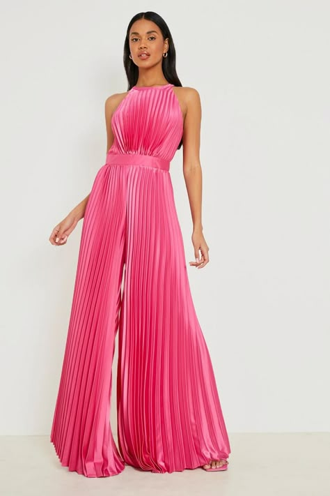 Pleated High Neck Wide Leg Jumpsuit | boohoo Pleated Dress Formal, Pleated Fabric Dress, Pink Suits Women, Formal Wedding Guest Attire, Formal Romper, Reign Fashion, Jumpsuit For Wedding Guest, Flowy Jumpsuit, Bright Color Dresses