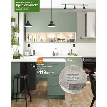 Ikea Bodarp Green Kitchen, Bodarp Kitchen, Ikea Bodarp, Kitchen Cabinets Materials, Danish Kitchen, Design My Kitchen, Coast House, Ikea Kitchen Design, Ikea Kitchen Cabinets