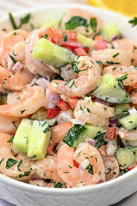 Creamy Shrimp and Cucumber Salad Creamy Cucumber And Shrimp Salad, Shrimp Cucumber Dill Salad, Creamy Cucumber Shrimp Salad, Cucumber Shrimp Salad, Shrimp Cucumber Salad, Shrimp And Cucumber, Cucumber Shrimp, Avocado Egg Recipes, Perfect Salad Recipe