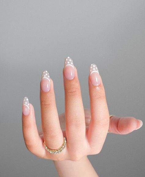 Cute Polka Dot Nails, Polka Dot French Nails, Dotted French Tip, White Dots Nails, Nail Dotting Designs, White Polka Dot Nails, Ethereal Nails, Dotted Nails, White French Tips