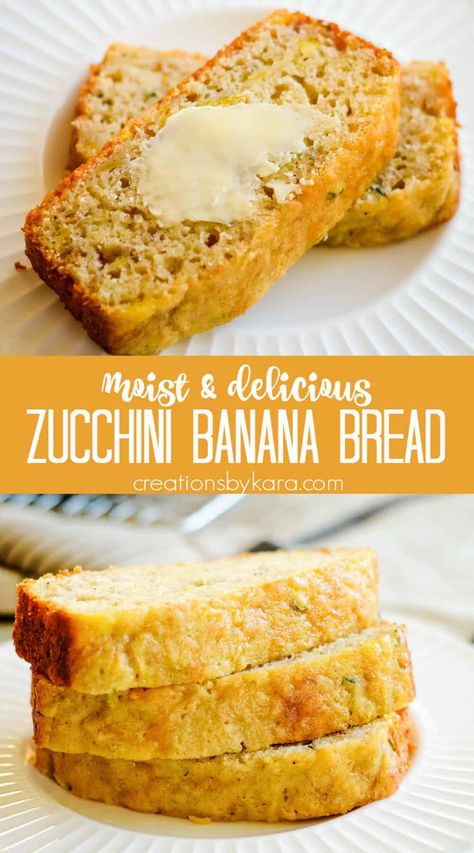 Best Banana Zucchini Bread - this moist and tender bread is packed with flavor, and so easy to make! You can also make it into zucchini banana bread muffins. #zucchinibananamuffins #zucchinibananabread #zucchinibread #bananamuffins #bananabread -from Creations by Kara Zucchini Banana Bread Recipes Moist, Best Moist Zucchini Banana Bread Recipe, Zucchini And Banana Bread, Zucchini And Banana Recipes, Banana And Zucchini Muffins, Healthy Banana Zucchini Bread, Banana Zucchini Bread Recipe Moist, Banana Zucchini, Zucchini Breads