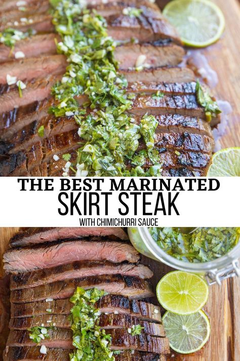 Marinated Skirt Steak with Chimichurri Sauce is magically tender and flavorful for a meal to remember! The preparation method for skirt steak in this recipe turns an otherwise unimpressive cut of meat into an actual dream! A simple healthy dinner recipe. #steak #dinner #lowcarb #skirtsteak #dinnerrecipes #beef. Skirt Steak And Chimichurri, Skirt Steak With Chimichurri Sauce, Skirt Steak Chimichurri, Skirt Steak With Chimichurri, Skirt Steak Recipe, Skirt Steak Marinade, Steak With Chimichurri, Marinated Skirt Steak, Steak With Chimichurri Sauce