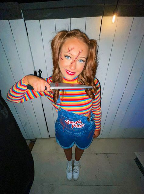 Chucky Woman Costume, Halloween Costume Scary Women, Chucky Halloween Costume Ideas, Cute Chucky Costume Women, Women Chucky Costume, Halloween Costumes Scary Girl, Chuckie Halloween Costume, Chucky Costume Women, Chucky Girl Costume