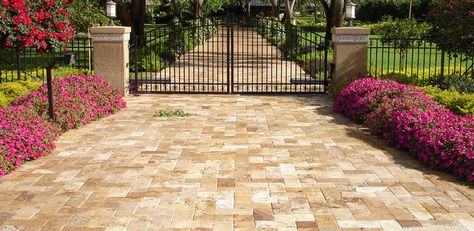 Patio Landscape Design, Gated Entrance, Pea Gravel Patio, Pool Pavers, How To Install Pavers, Travertine Pavers, Travertine Pool, Paver Walkway, Gravel Patio