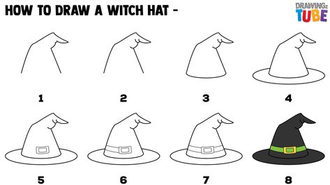 How to Draw a Witch Hat for Kids. How To Draw Witches Hat, How To Draw Witch Hats, How To Draw A Witch Hat, Witch Hat Doodle, Witch Drawing Easy, Witches Hat Doodle, Witch Hat Drawing, Witch Drawings, Draw A Witch