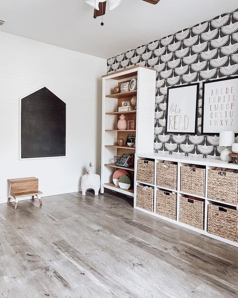 Inspiration gallery - IKEA Sides Of Fireplace, Store Art Supplies, Hemnes Bookcase, Organize A Playroom, Playroom On A Budget, Playroom Shelves, Kallax Shelf Unit, Playroom Table, Playroom Flooring