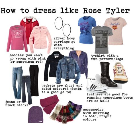 how to dress like Rose Tyler, a guide, created by doctorwhodressing on Polyvore Rose Tyler Costume, Rose Tyler Outfit, Dr Who Rose, Doctor Who Rose Tyler, Doctor Who Outfits, Dr Who Companions, Doctor Who Rose, Doctor Who Cosplay, Fandom Fashion