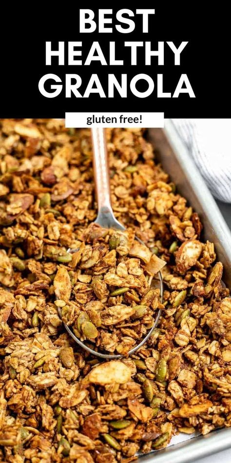 This is the best homemade oven baked granola recipe! This healthy granola is made with oats, almond butter, pumpkin seeds and is totally vegan and gluten free. Sweetened with maple syrup for a healthy and easy breakfast. Healthy Gluten Free Granola, Baked Granola Recipe, Pumpkin Seed Granola, Gluten Free Granola Recipe, Dairy Free Pasta Recipes, Gluten Free Snacks Recipes, Easy Homemade Granola, Sugar Free Fruits, Granola Recipe Healthy