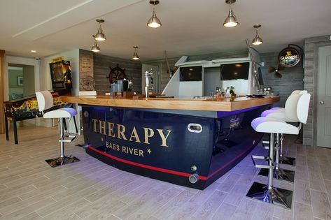 Real-life boat repurposed as a bar for a Cape Cod game room Nautical Bar, Boat Furniture, Boat Bar, Cod Game, Home Bar Rooms, Man Cave Room, Fishing Room, Boat Decor, Video Game Rooms