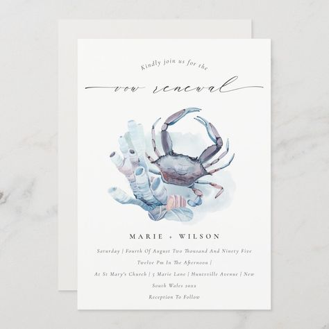 Underwater Crab Coral Nautical Vow Renewal Invite Nautical Bridal Shower, Nautical Bridal Showers, Nautical Wedding Invitations, Birthday Napkins, Baby Shower Thank You Cards, Nautical Baby Shower, Nautical Baby, Couple Shower, Engagement Party Invitations