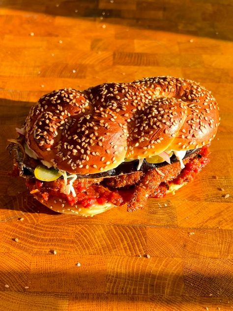 Friday Challah Schnitzel Sandwich | Bengingi Chicken Schnitzel Sandwich, Challah Sandwich, Schnitzel Sandwich, Friday Dinner, Pasture Raised Eggs, Chicken Schnitzel, Sprinkle Salt, Red Onion Relish, San Marzano Tomatoes