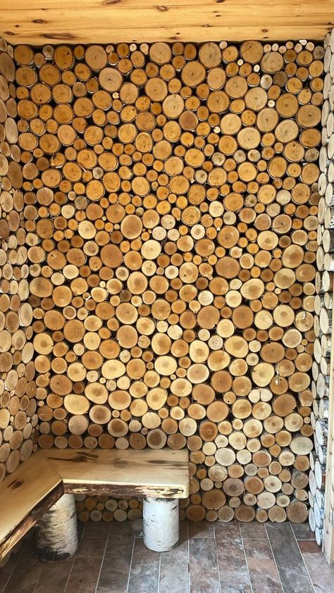 Sauna change room. White Birch Log wall covering with built in bench. Constructed by Alpen Woodworks | Log wall, Rustic wood walls, Wood wall Wood Wall Ideas, Wood Interior Walls, Bunkie Ideas, End Grain Flooring, Schonbrunn Palace, Cordwood Homes, Diy Pouf, Log Wall, Birch Logs