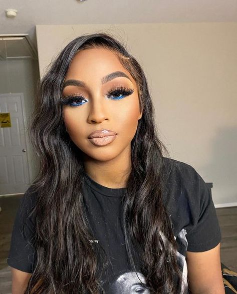 Blue Waterline Makeup Black Women, September Books, Baddie Glam, Birthday Makeup Looks, Under Eye Makeup, Blue Makeup Looks, Brown Girls Makeup, Light Makeup Looks, Prom Photoshoot