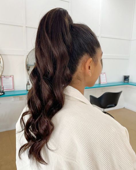 clip-in ponytail, ponytail, pony, pony goals, brunette, Zala hair extensions, hair extensions, long hair, length, hairstyle, curls, updo Ponytail With Curls In The Back, Curls Hair Updos, High Ponytail Hairstyles With Curls, High Pony With Waves, High Wavy Ponytail Hairstyles, High Pony Curled Hair, Slick Back Pony With Curls, High Ponytail Wavy Hair, Curls Ponytail Hairstyles