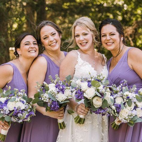 Her favorite color is purple, so we incorporated purple into her bouquets! Purple Bridesmaid Bouquets, Bouquet Purple, Wedding Floral Design, Purple Bridesmaid, Bridesmaid Bouquets, Purple Wedding Flowers, Purple Bridesmaid Dresses, Floral Arrangements Wedding, Wedding Floral