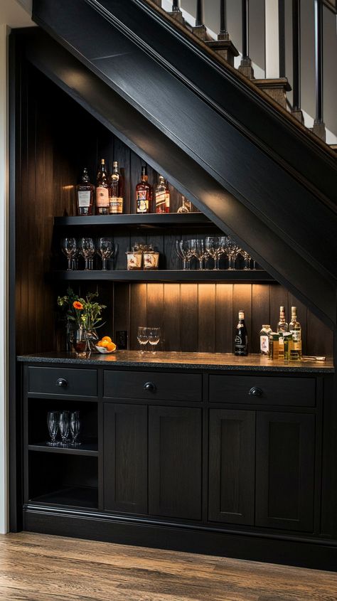 Staircase Bar Under Stairs, Under Stair Liquor Storage, Bar Area Under Stairs, Hallway Ideas Under Stairs, Under Stairs Bar Ideas Built Ins, Under Stairs Bar Ideas Staircases, Understair Wine Store, Basement Bar Under Stairs, Under Stairs Drinks Cabinet