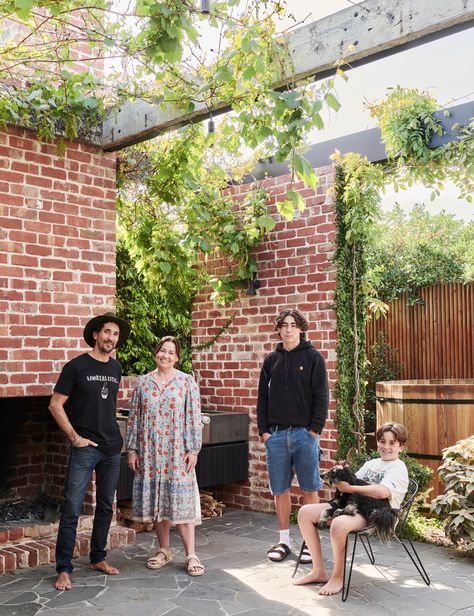 A Yarraville Family House That Says ‘The More The Merrier’ Kitchen Island Base, Leather Bench Seat, Dulux Natural White, Cedar Hot Tub, Kitchen Island Bench, Crazy Paving, Recycled Brick, Recycle Timber, Timber Beams