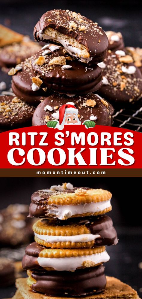 Ritz S'mores Cookies! They're a must-try Christmas cookie recipe. Filled with marshmallow creme, coated in chocolate, then topped with graham cracker crumbs, these Ritz cracker cookies are tasty! Check out how to decorate this Christmas dessert idea! Ritz Smores Cracker Cookies, Fluffernutter Ritz Cookies, Rolo Ritz Cracker Cookies, Ritz Cracker Cookies Peanut Butter, Christmas Marshmallow Treats, Ritz Cracker Christmas Treats, Graham Cracker Cookies Recipe, Christmas Treats With Marshmallows, Christmas Cookie Tray Presentation