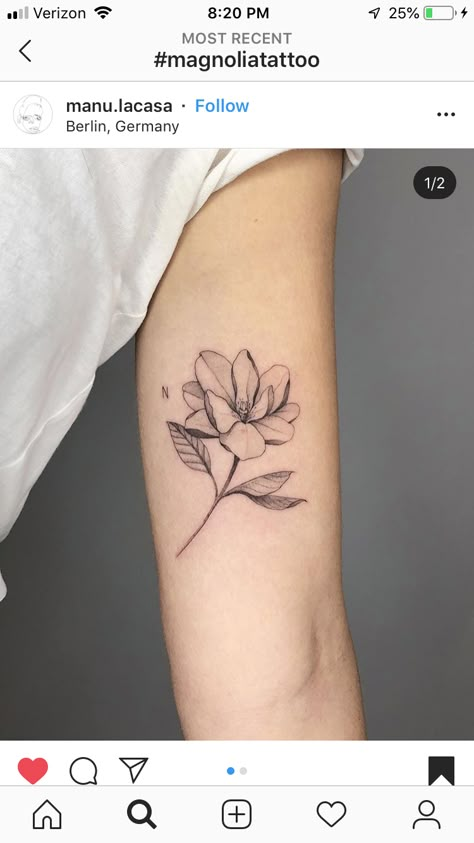 Magnolia Tattoo Small Simple, Gardenia Plant Tattoo, Fine Line Magnolia Tattoo, Gardina Flowers Tattoo, Southern Magnolia Tattoo, Flower Bicep Tattoo, Magnolia Tattoo Simple, Small Magnolia Tattoo, Nola Tattoo