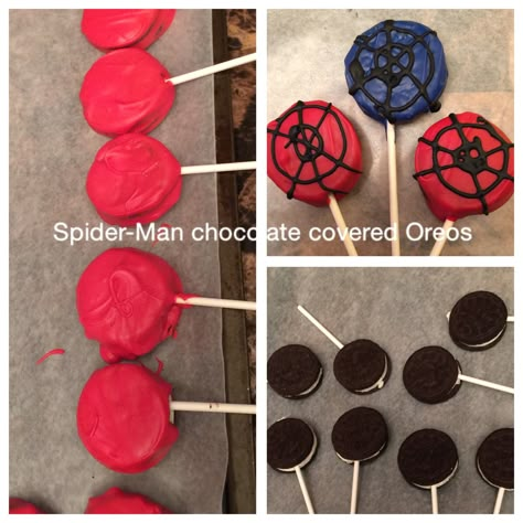 Spider Man Dessert Ideas, Spider Man Chocolate Covered Oreos, Spidey Cupcakes Diy, Spiderman Snacks Ideas Parties Food, Spiderman Snacks Birthdays, Spider Man Oreos, Diy Spider Man Cupcakes, Spiderman Oreos, Spiderman Birthday Desserts