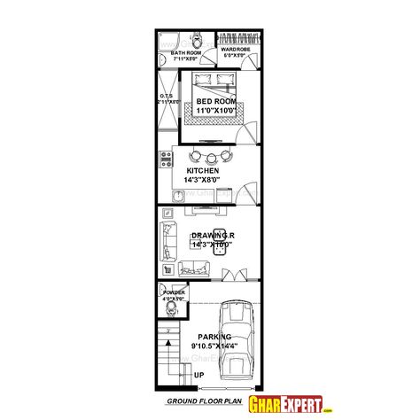 House Plan for 15 Feet by 50 Feet plot (Plot Size 83 Square Yards) - GharExpert.com Narrow Basement Ideas, Floor Plan Ideas, Small Modern House Plans, Narrow House Plans, House Plans With Pictures, Indian House Plans, Bathroom Floor Plans, House Plans One Story, Kitchen Floor Plans