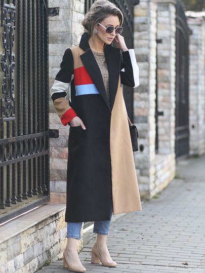 Multicolor Lapel Color Block Coat Color Block Coats, Colour Blocking, Sneakers Outfit, Fashion Colours, Coat Fashion, Long Coat, Parka, Color Block, Fashion Clothes Women