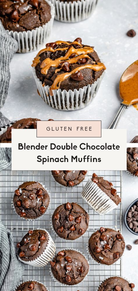 Fluffy gluten free chocolate spinach muffins made with nourishing ingredients like almond flour, hemp hearts, and of course, fresh spinach! These easy chocolate spinach muffins are naturally sweetened, pack in protein & healthy fats and are made right in your blender. An easy and delicious breakfast or snack that's great for kids! Gluten Free Spinach Muffins, Spinach Protein Muffins, Baking With Spinach, Spinach Chocolate Muffins, Spinach Chocolate Chip Muffins, Gluten Free Blender Muffins, Healthy Chocolate Muffins For Kids, High Protein Muffins For Kids, Easy Nutrient Dense Meals