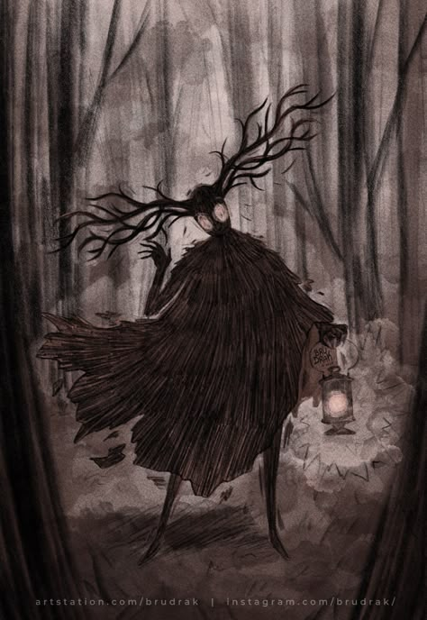 Creepy Fairytale Art, Unsettling Art Weird, Dark Fairytale Illustration, Flat Woods Monster, Scary Forest Drawing, Folk Horror Art, The Beast Over The Garden Wall, Horror Monsters Concept Art, Nomadic Drawing