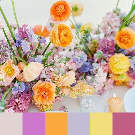 Lavender Orange Green Wedding, Budvase Tablescape, Yellow Pink Purple Wedding, Lavender And Orange Wedding, Purple Yellow Wedding Flowers, Lilac And Orange Wedding Flowers, Peach Purple Wedding, Peach Lilac Yellow Wedding, Purple Orange Yellow Wedding Flowers