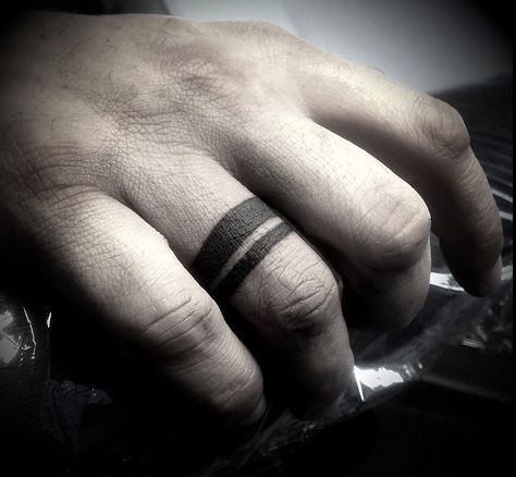 Wedding band tattoo idea, but I would like three rings, @kurtdunn Tattoo Wedding Bands, Ring Tattoo Wedding, Ring Tattoo Designs, Wedding Band Tattoo, Rings Tattoo, Tattoo Wedding, Wedding Bands For Men, Ring Tattoo, Wedding Ring Tattoo