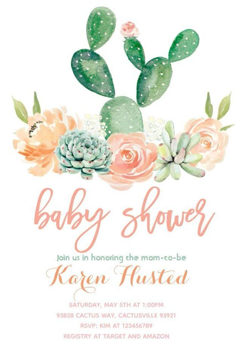 Cactus Baby Shower Invitation Succulent #girlbabyshowerinvitations #babyshowerinvitations #zazzle #zazzleinvitation #virtualshower #showerbymail #drivebyshower #couplesshowerinvitations #woodlandbabyshowerinvitations #disneybabyshowerinvitations #bohobabyshowerinvitations Watercolor Flower Invitation, Baby Girl Shower Invitations, Baby Shower Party Invitations, Baby Shower Invitation Ideas, Girl Baby Shower Ideas, Cactus Party, Bridal Shower Flowers, Boda Mexicana, Baby Shower Invitaciones