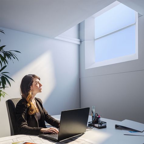 CoeLux – artificial sunlight Skylights Ideas, Fake Window Light, Artificial Sunlight, Living Wall Garden, Low Ceiling Basement, Lighting Office, Home Lights, Fake Window, Podcast Studio