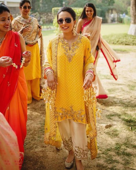 Breathtaking Wedding With A Bride Who Wore A Sharara With Her Mother's Bridal Dupatta | WedMeGood Haldi Outfit For Mom, Haldi Ceremony Outfit For Mom, Punjabi Haldi Ceremony Outfit, Suits For Haldi Ceremony, Henna Outfits, Punjabi Suit For Wedding, Mayun Bride, Mehandi Outfits, Haldi Ceremony Outfit