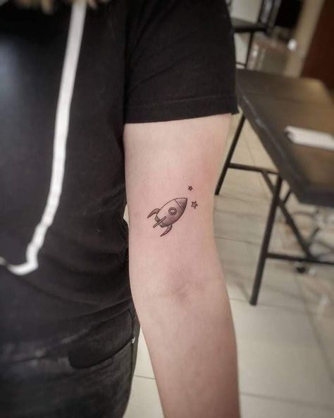 Small Rocket Tattoo, Rocket Ship Tattoo, Atom Tattoo, Spaceship Tattoo, Rocket Tattoo, Minimal Tattoos, Small Shoulder Tattoos, Planet Tattoos, Healing Tattoo