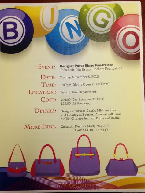 Designer Purse Bingo at the Denton Fire Dept on 11/8/15. : The Caroline Circle – Caroline County and the Mid Shore News Bingo Party Decorations, Bingo Fundraiser, Purse Bingo, Fundraiser Prizes, Bingo Ideas, Chinese Auction, Bingo Birthday, Silent Auction Baskets, Museum Ideas